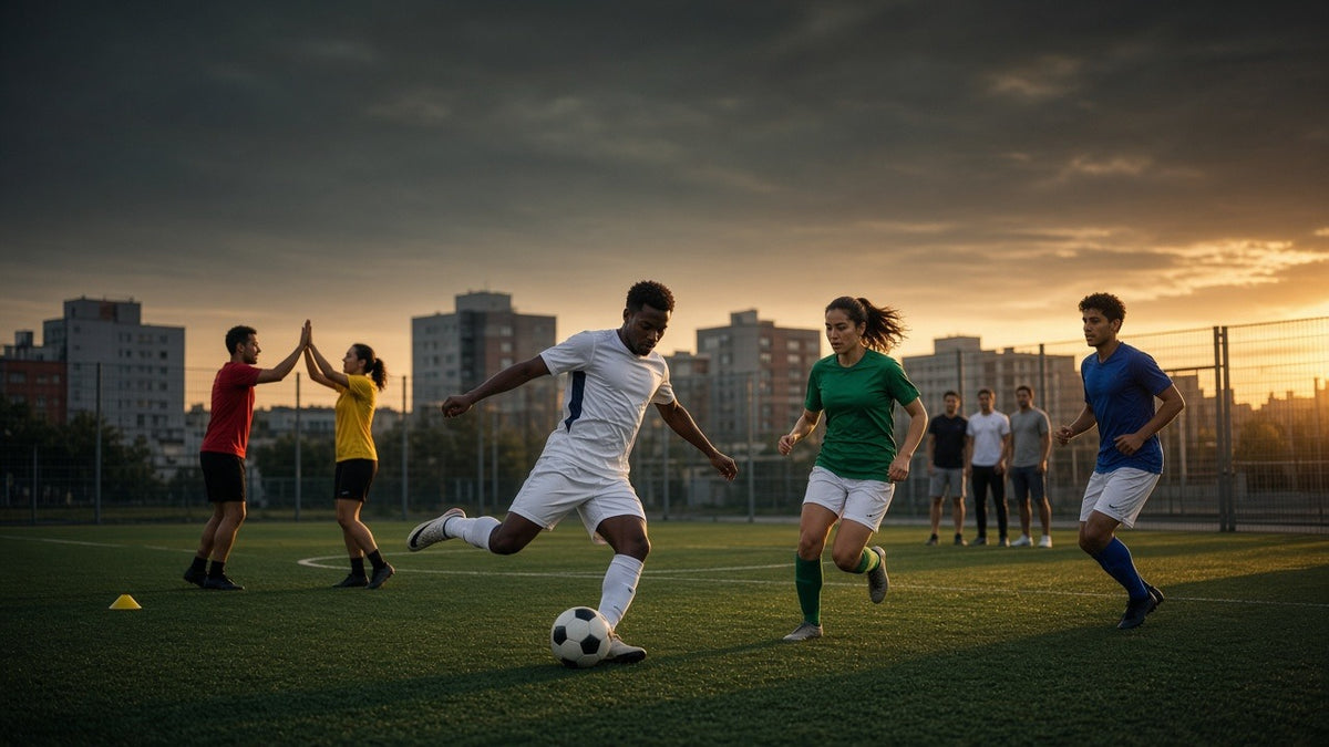 Jugadores de fútbol de distintos países jugando un partido al atardecer