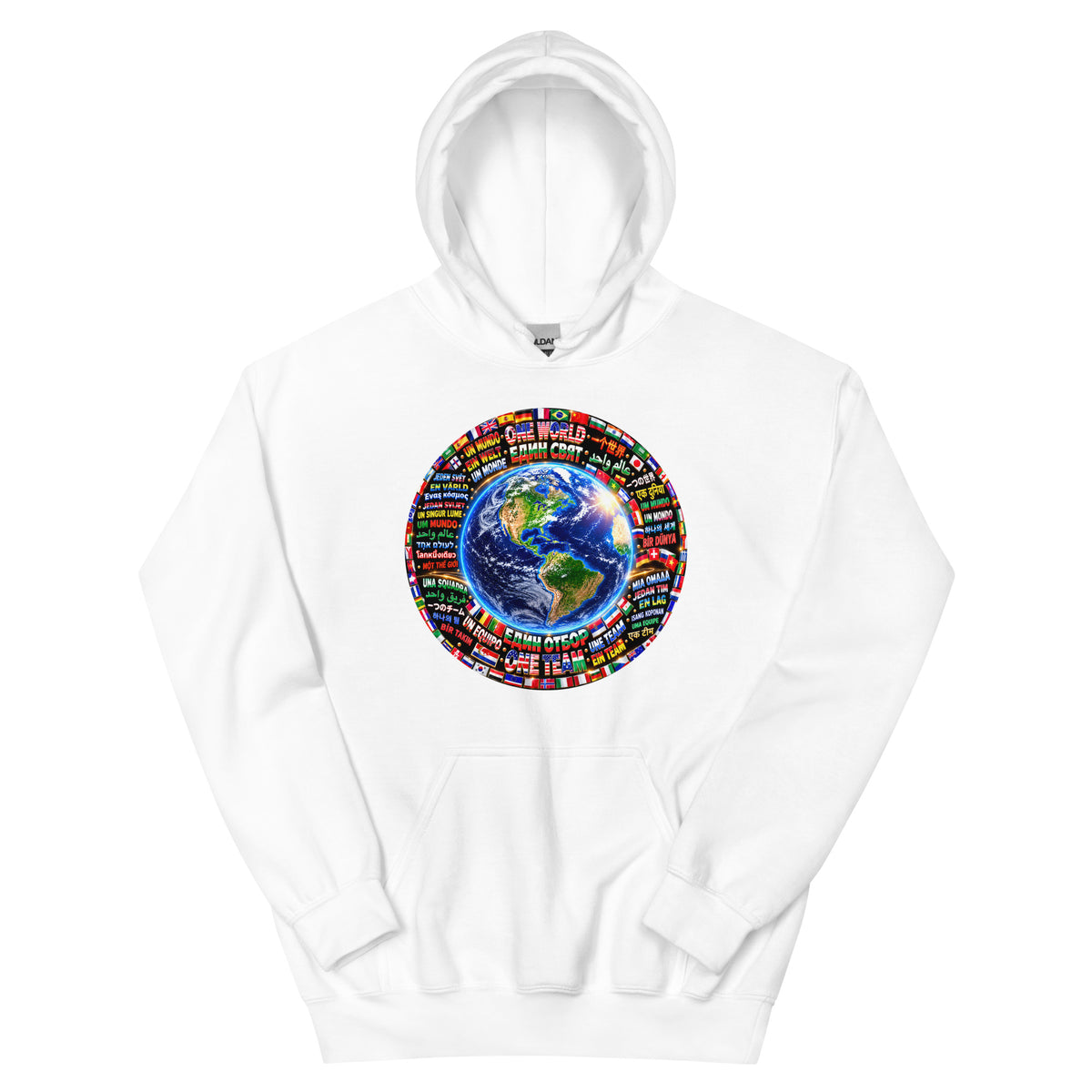 ONE WORLD • ONE TEAM Hoodie – Farbe Weiß, Vorderansicht