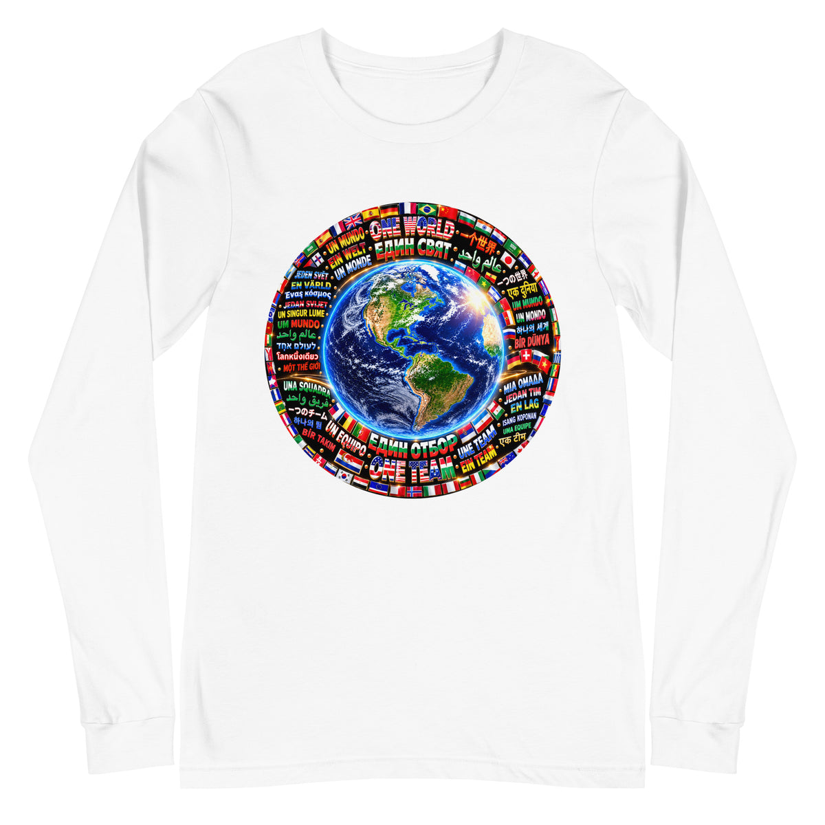 Camiseta de manga larga ONE WORLD • ONE TEAM – color blanco, vista frontal