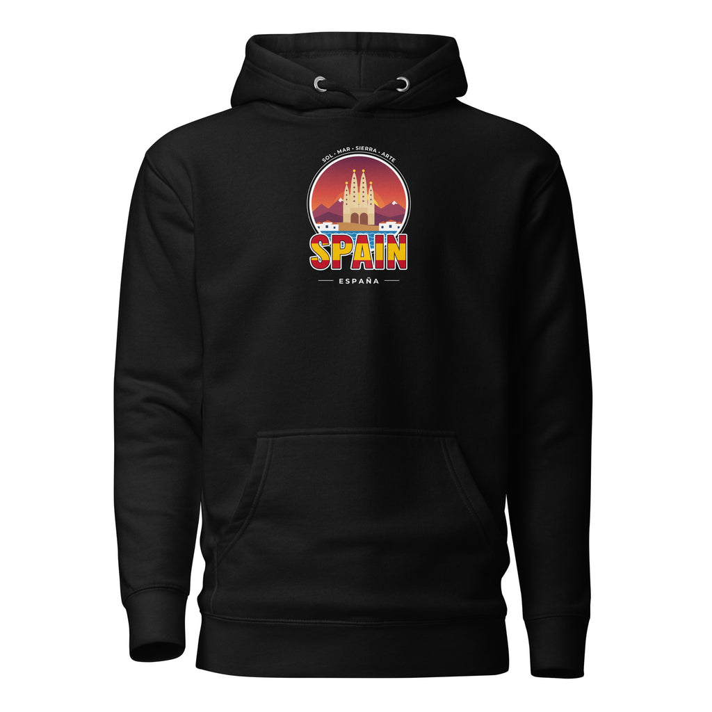 Sudadera con capucha ESPAÑA – Sol, Mar y Sierra: ilustración con monumentos, mar y sol en rojo y amarillo