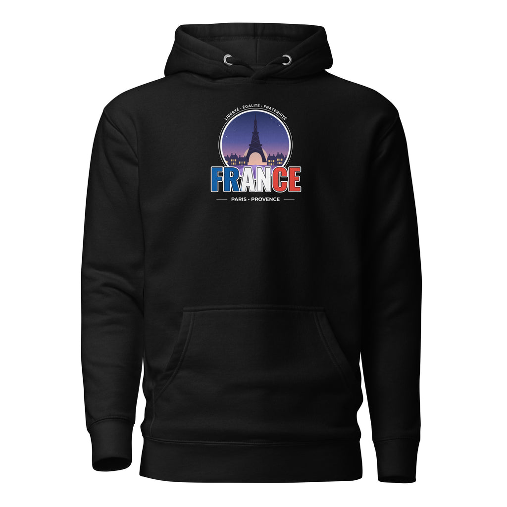 Sweat à capuche FRANCE – Paris & Provence : illustration de monuments, mer et soleil en bleu, blanc, rouge