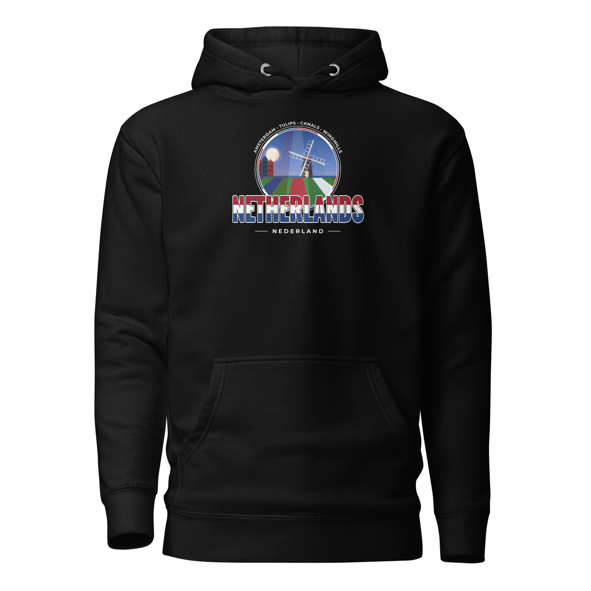 Hoodie NEDERLAND – Grachten, Molens & Tulpen, vooraanzicht