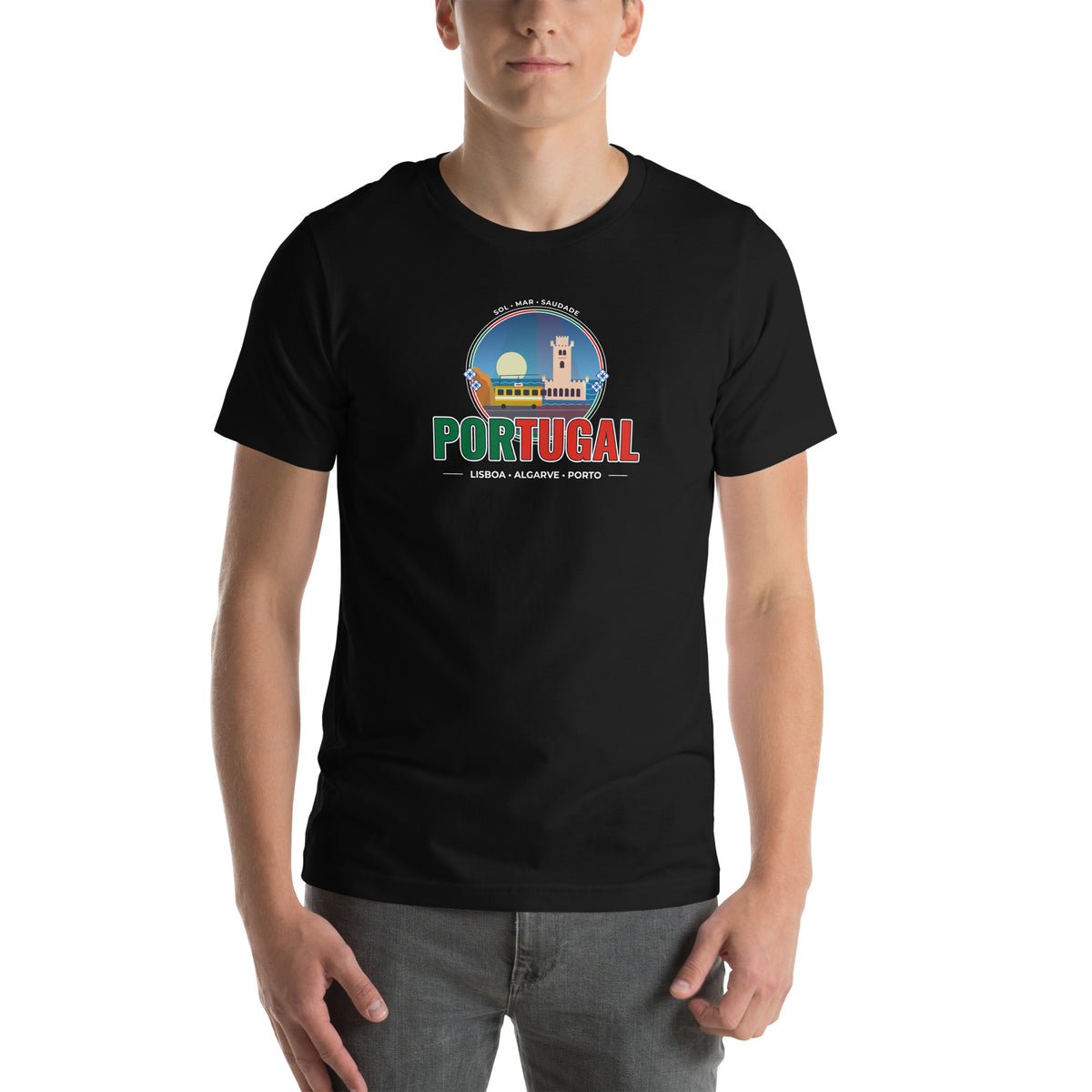 T-shirt PORTUGAL – Lisboa, Porto e Algarve: ilustração com monumentos, mar e sol em verde e vermelho
