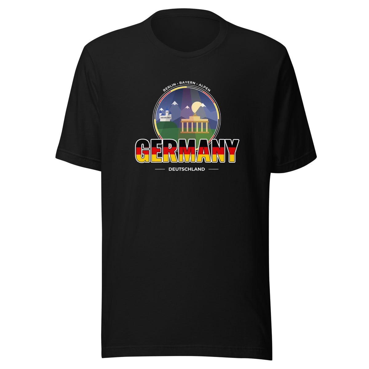 T-Shirt DEUTSCHLAND – Berlin, Rhein & Alpen in Schwarz, Vorderseite mit Illustration in Schwarz-Rot-Gold