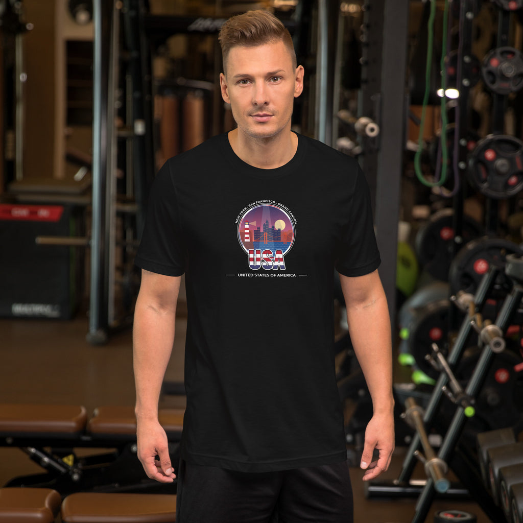 USA T-Shirt – Coast to Coast Road Trip in black, front with red, white and blue road trip illustration
