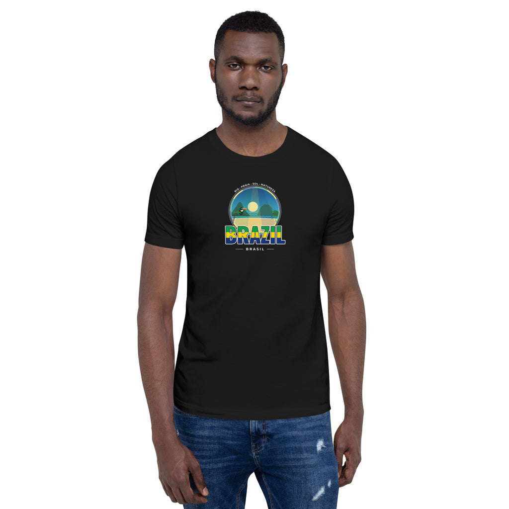 Camiseta BRASIL – Rio, Amazônia e Praias preta, frente com ilustração em verde e amarelo