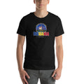 Tricou ROMÂNIA – Carpați, Transilvania și Dunărea, vedere din față cu ilustrație în albastru, galben și roșu