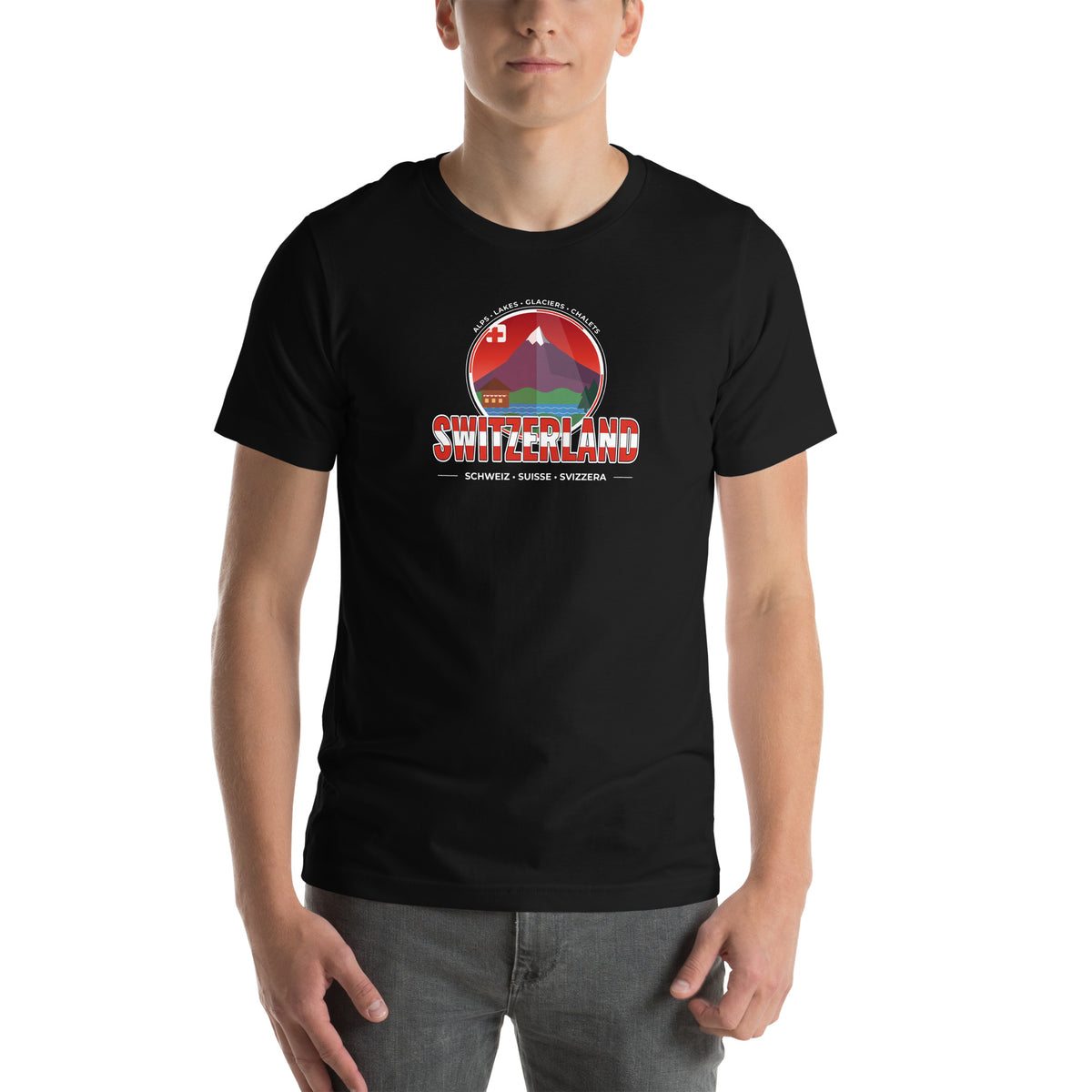 T-Shirt SCHWEIZ – Alpen, Seen & Matterhorn, schwarz, getragen, Illustration in Rot und Weiss