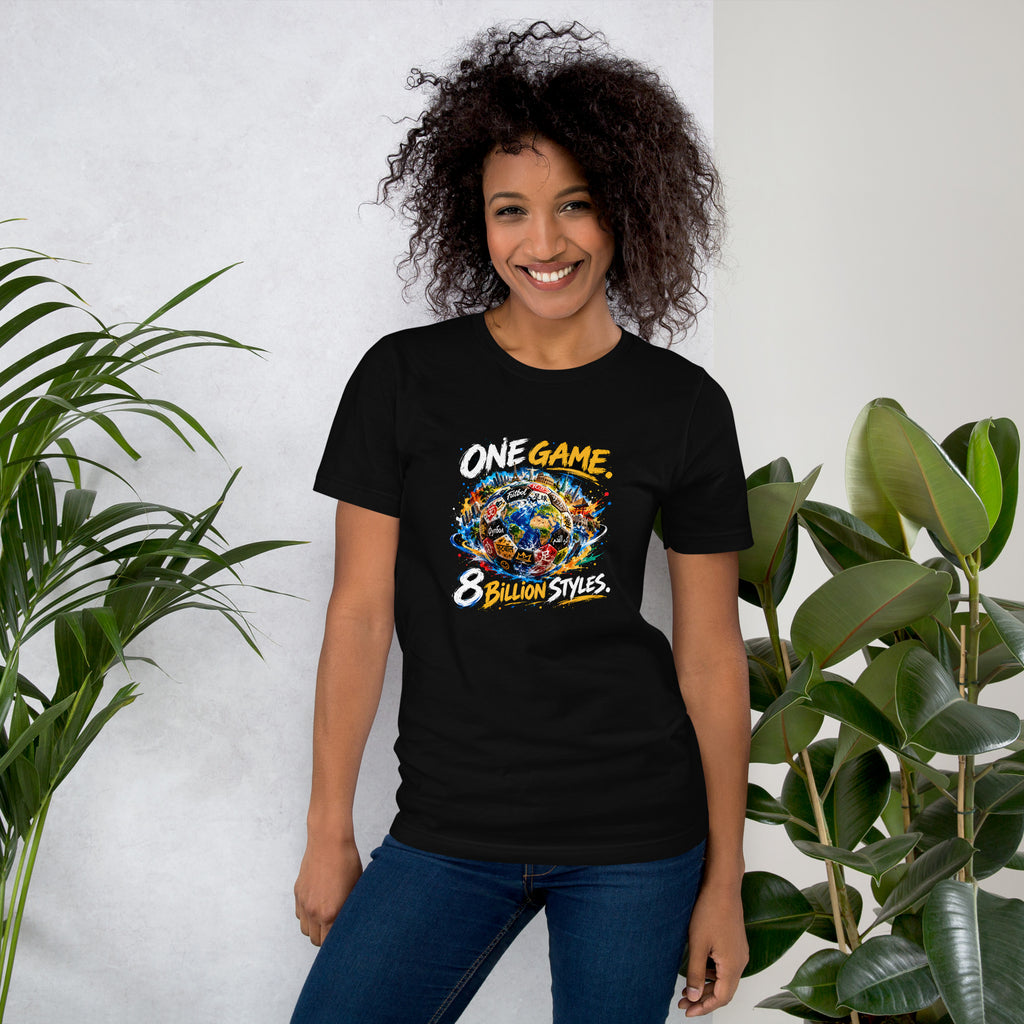 Bluzë unisex ONE GAME. 8 BILLION STYLES. – e zezë, e veshur nga një grua