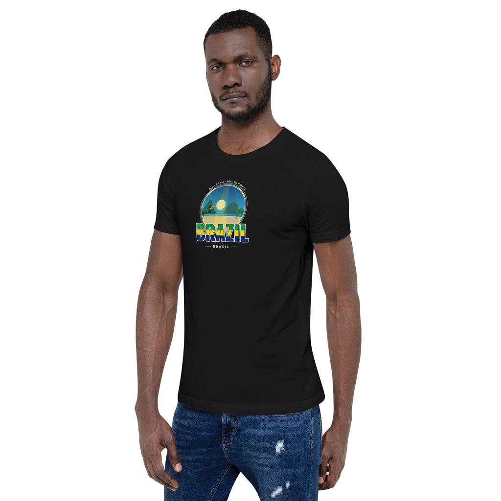 Camiseta BRASIL – Rio, Amazônia e Praias, vista frontal em ângulo esquerdo
