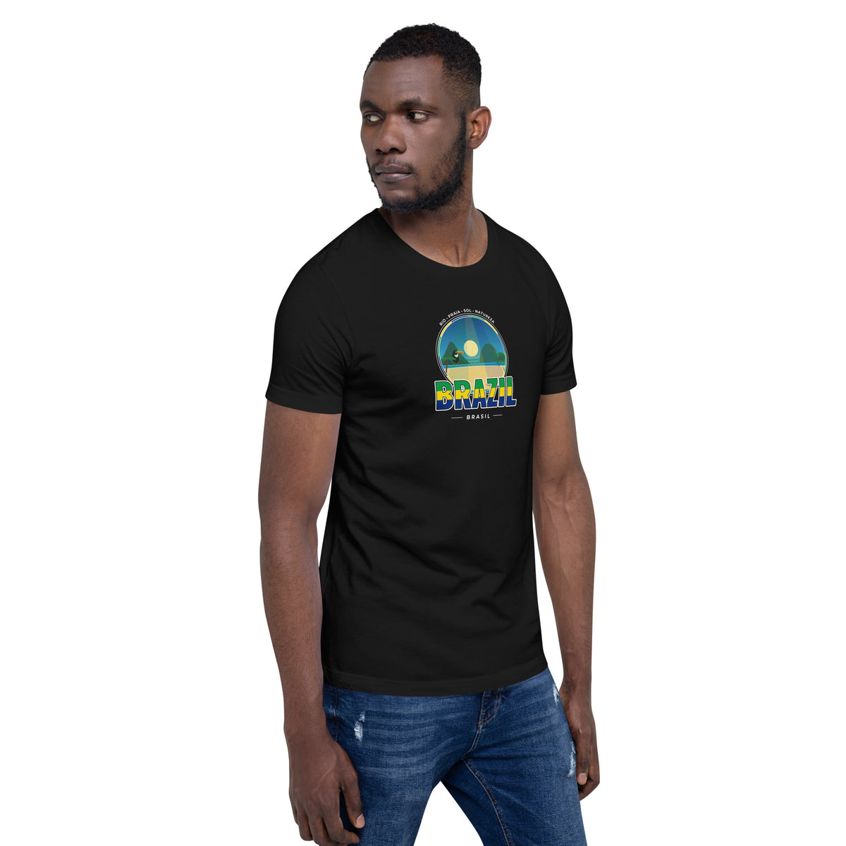 Camiseta BRASIL – Rio, Amazônia e Praias, vista frontal em ângulo direito