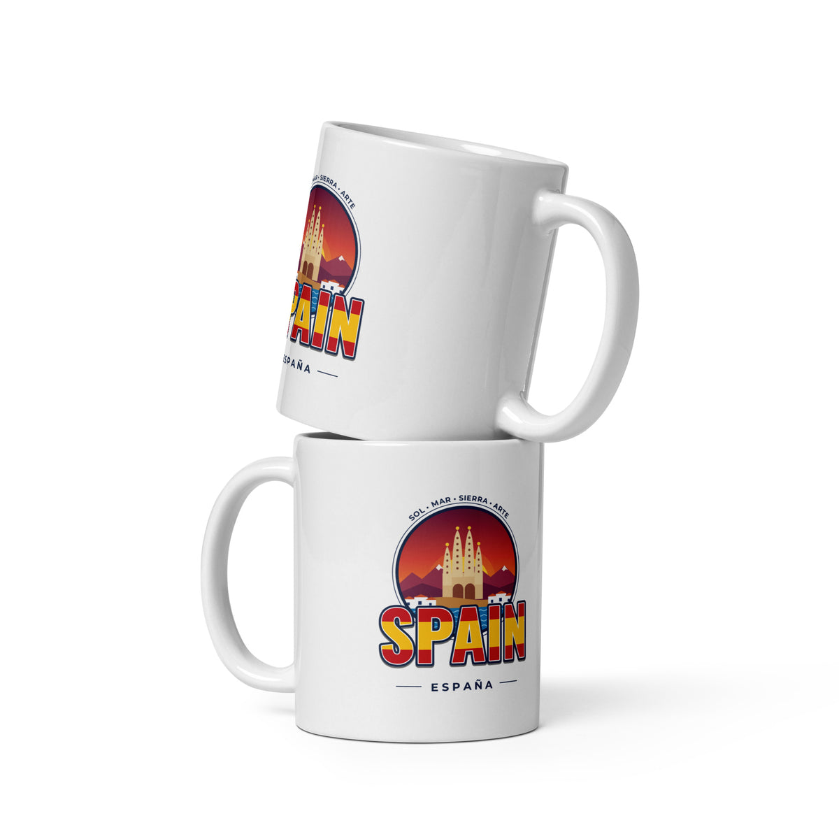 Taza ESPAÑA – Sol, Mar y Sierra de 325 ml con ilustración de monumentos, mar y sol en rojo y amarillo