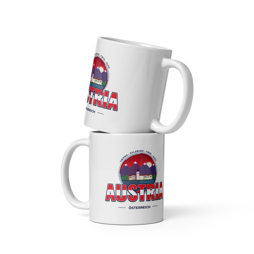 Weiße Tasse mit ÖSTERREICH-Motiv: Wien, Alpen und Seen