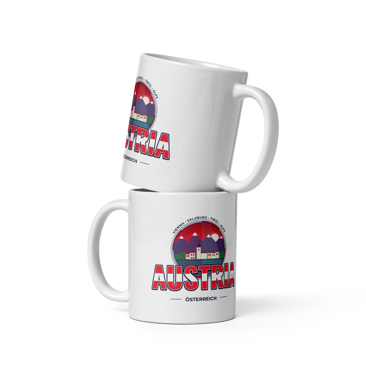Weiße Tasse mit ÖSTERREICH-Motiv: Wien, Alpen und Seen