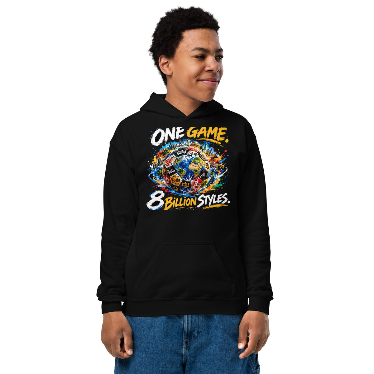 ONE GAME. 8 BILLION STYLES. Kinder-Hoodie – in Schwarz, von einem Kind getragen