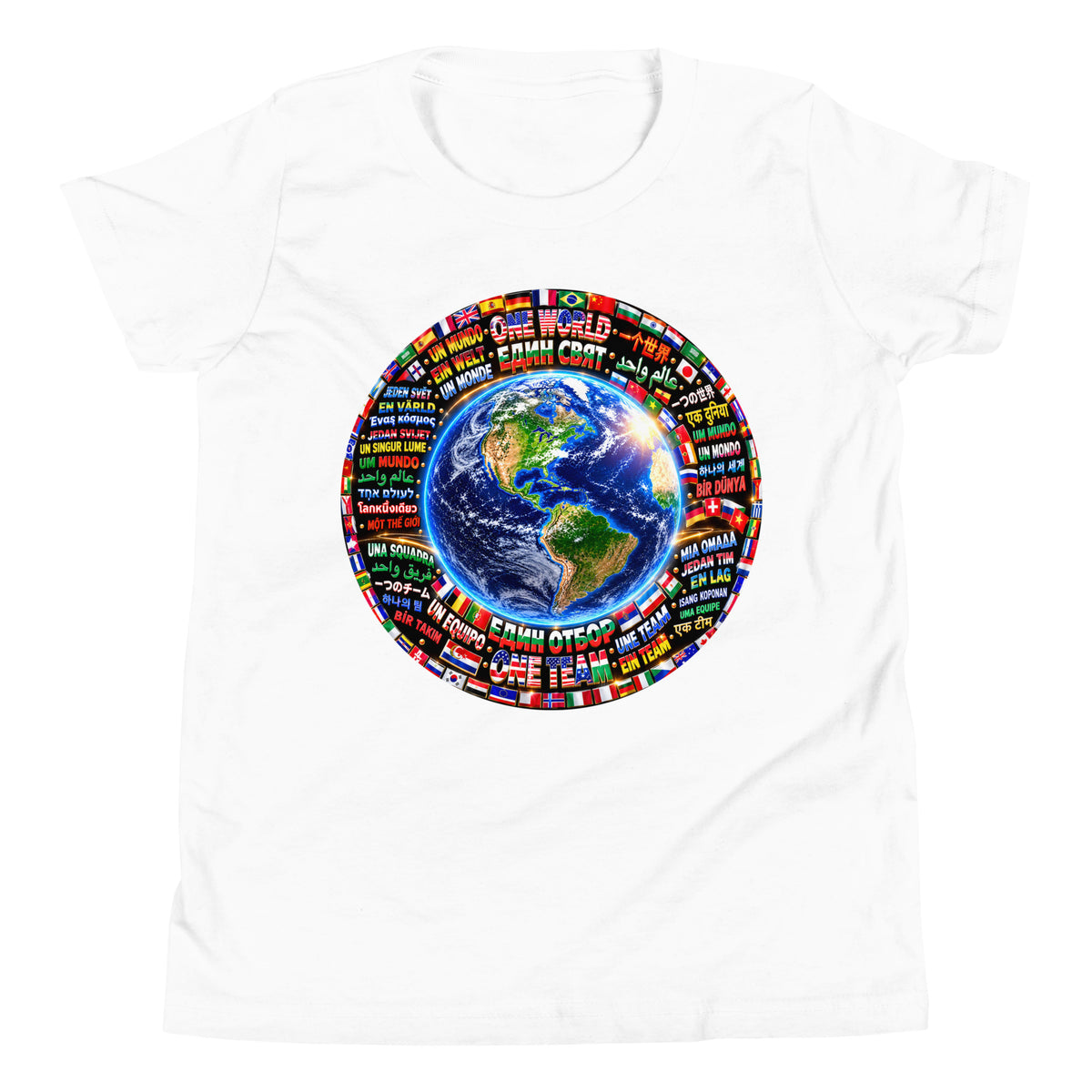 Dječja majica ONE WORLD • ONE TEAM – boja bijela, pogled sprijeda