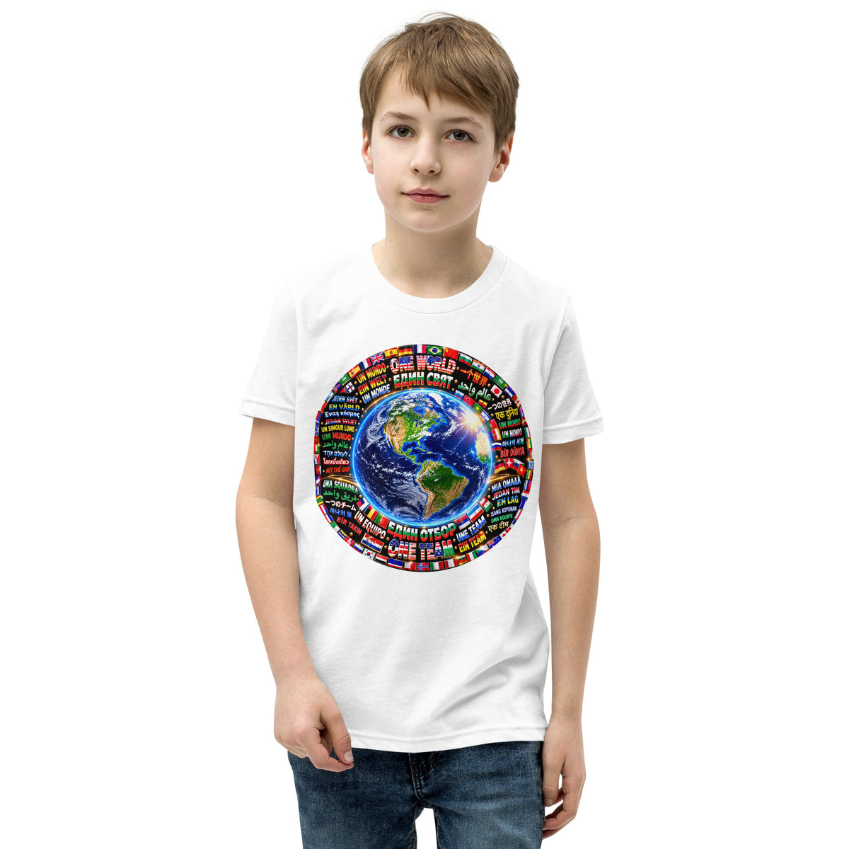 Camiseta infantil ONE WORLD • ONE TEAM – color blanco, vista frontal