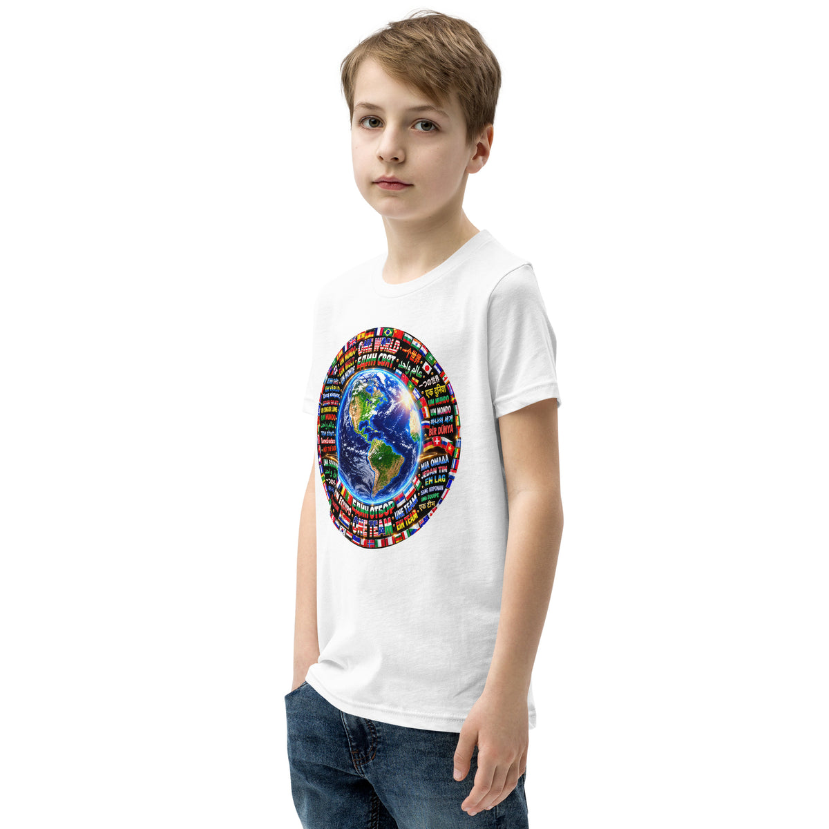Camiseta infantil ONE WORLD • ONE TEAM – color blanco, vista lateral (con modelo)