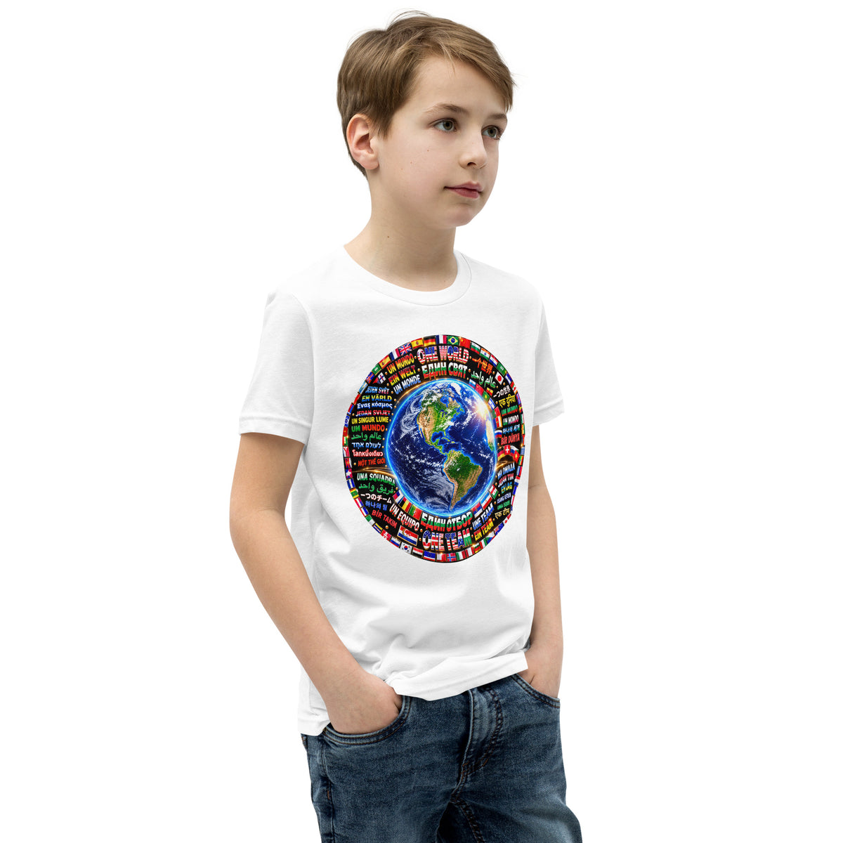 Camiseta infantil ONE WORLD • ONE TEAM – color blanco, vista lateral (con modelo)